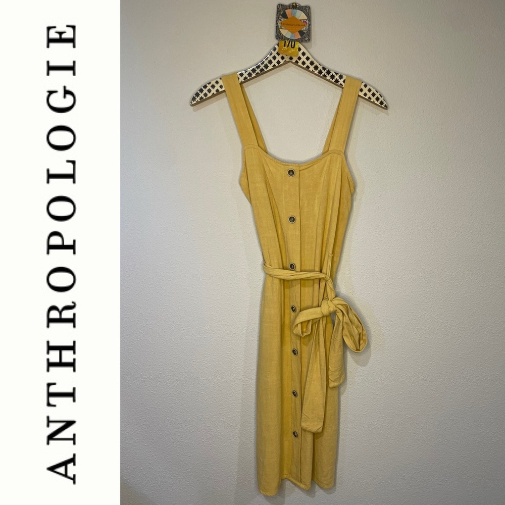 ❌SOLD!❌#170 Like New! Anthropologie Potter’s Pot Mustard Linen Button Down Dress